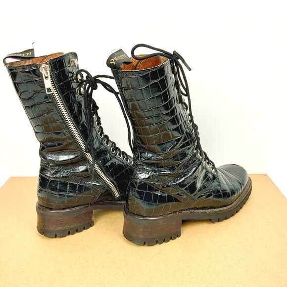 Cesare Paciotti Y2K Black Leather Embossed Croc Lace Up Combat Boots Sz 7 - Picture 6 of 16